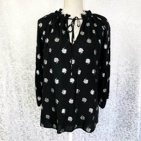 NWT HARVE BENARD Black & Silver Metallic Roses Tie Collar Blouse M - Picture 13 of 13